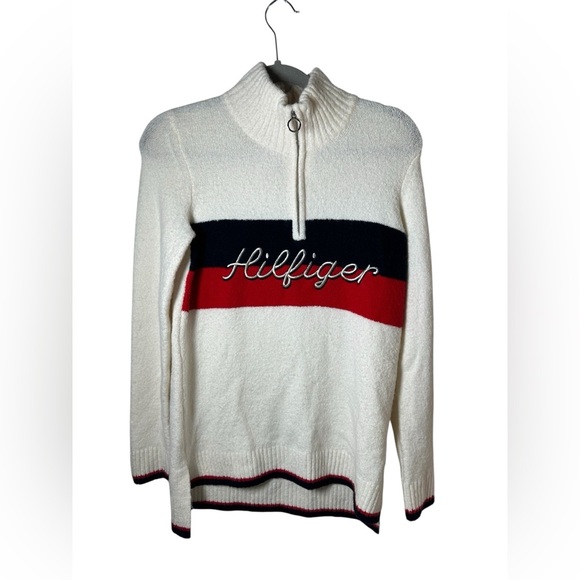 Tommy Hilfiger Flag Quarter Zip Sweater Small White Red Navy Logo Knit Pullover - Picture 2 of 10